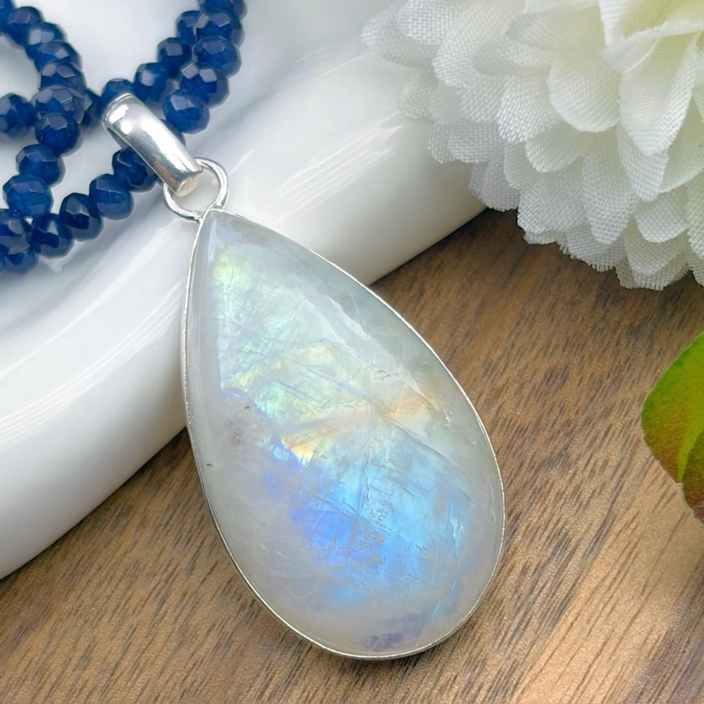Large Pure Sterling Silver 925 Rainbow Moonstone Pendant Necklace Boho New